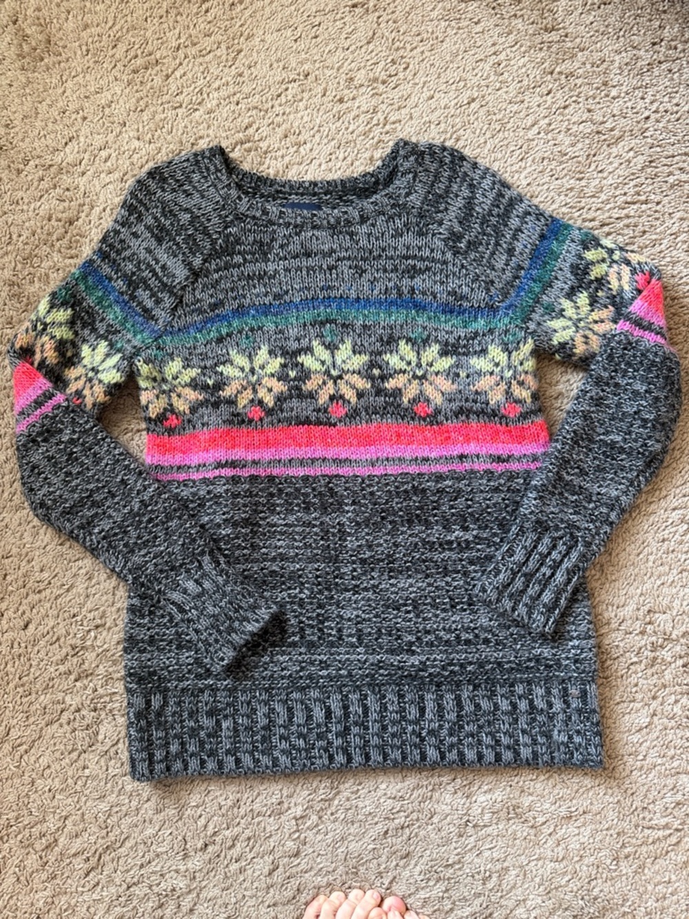 American Eagle Fair Isle Sweater Gray Cozy Boho Chunky Knit Pullover